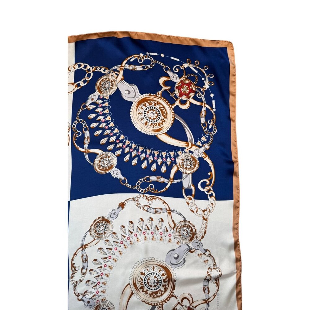 2/$30 White Navy Blue Red Nautical Antique Gold Baroque Printed Fashion Scarf - Picture 6 of 11
